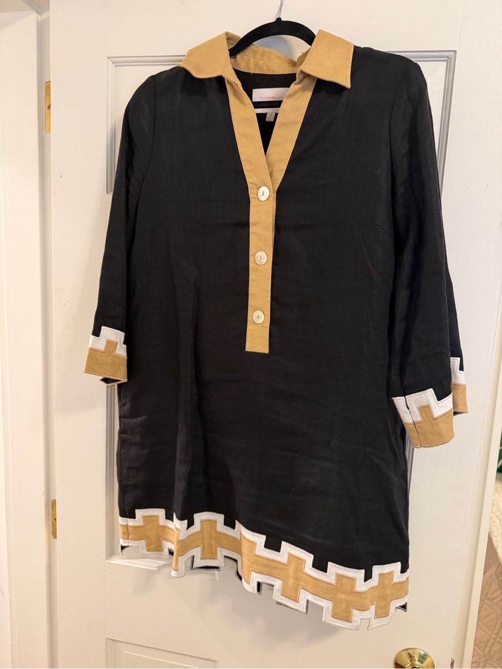 Tuckernuck x Atlantic Pacific Black linen Tunic with Tan Trim